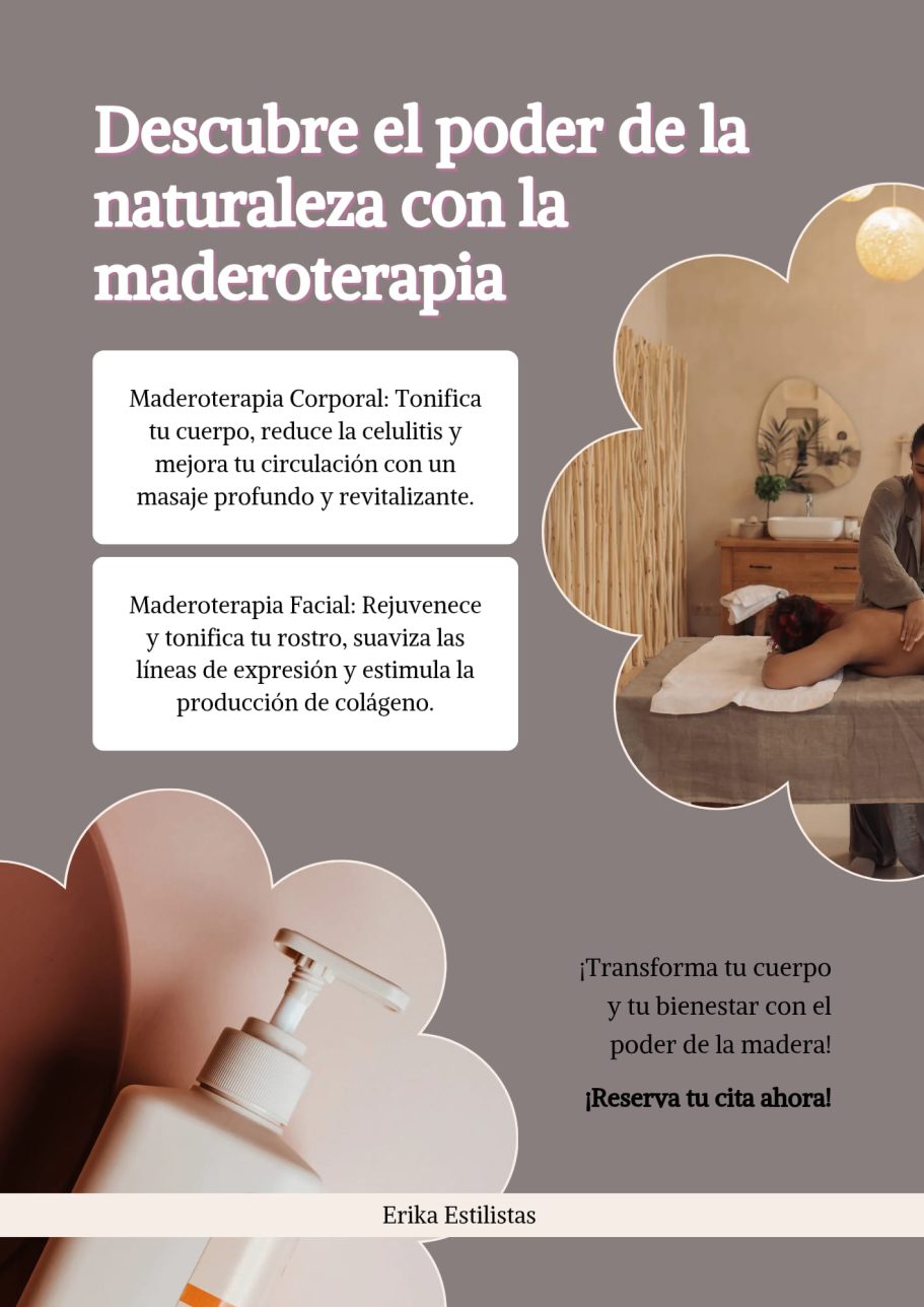 Texto promocional sobre maderoterapia, con elementos de naturaleza y bienestar.