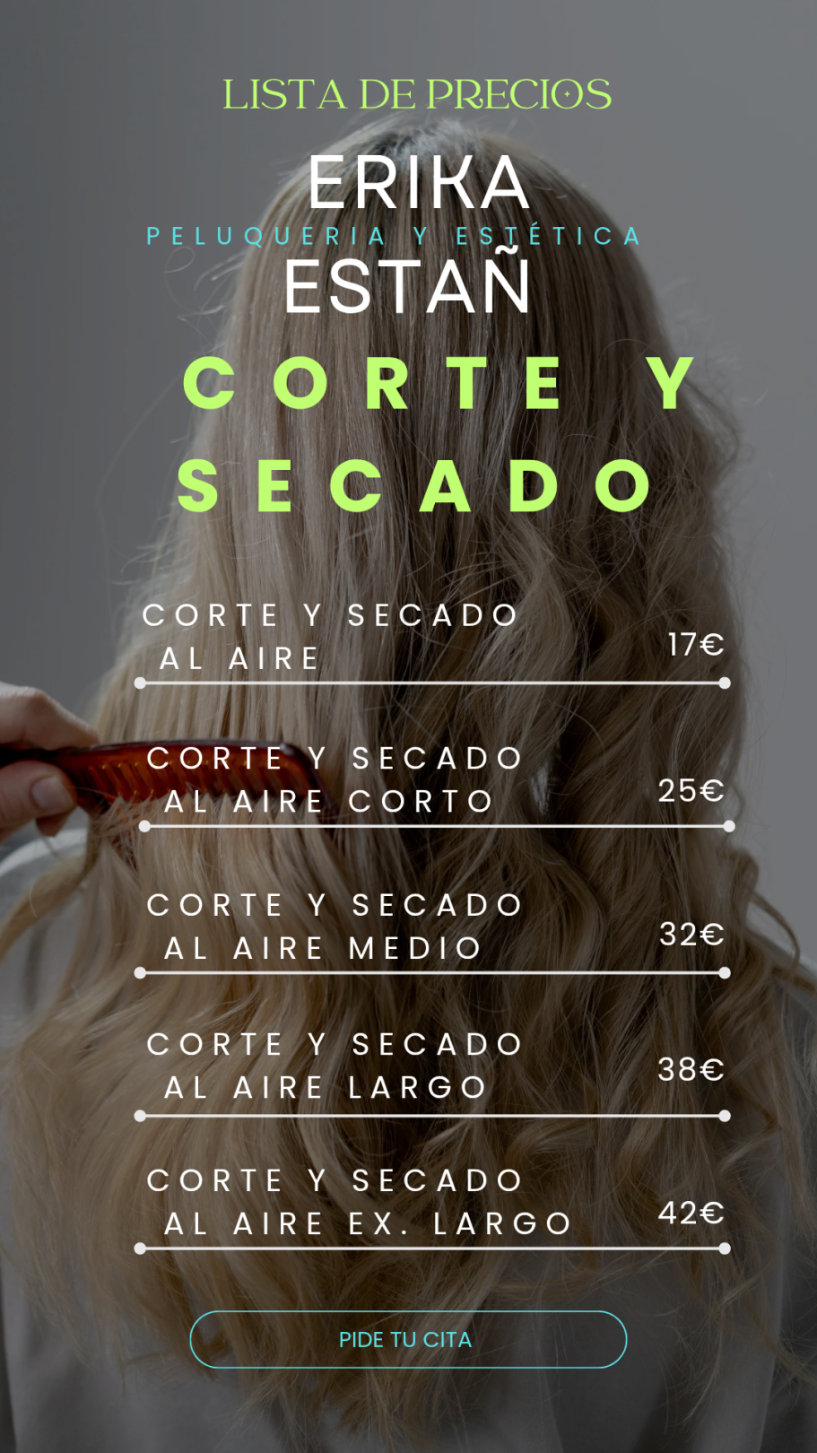 Lista de servicios de corte y secado ofrecidos por Erika Estan con precios.