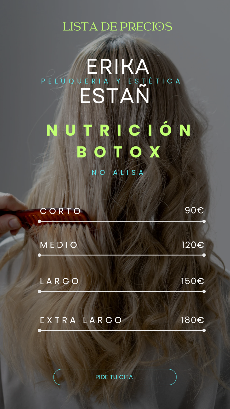 Texto sobre nutrición y botox con una mujer de cabello largo peinándose.