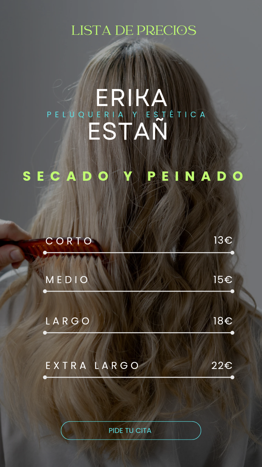 Texto promocional de servicios de peinado de Erika Están, incluyendo precios.