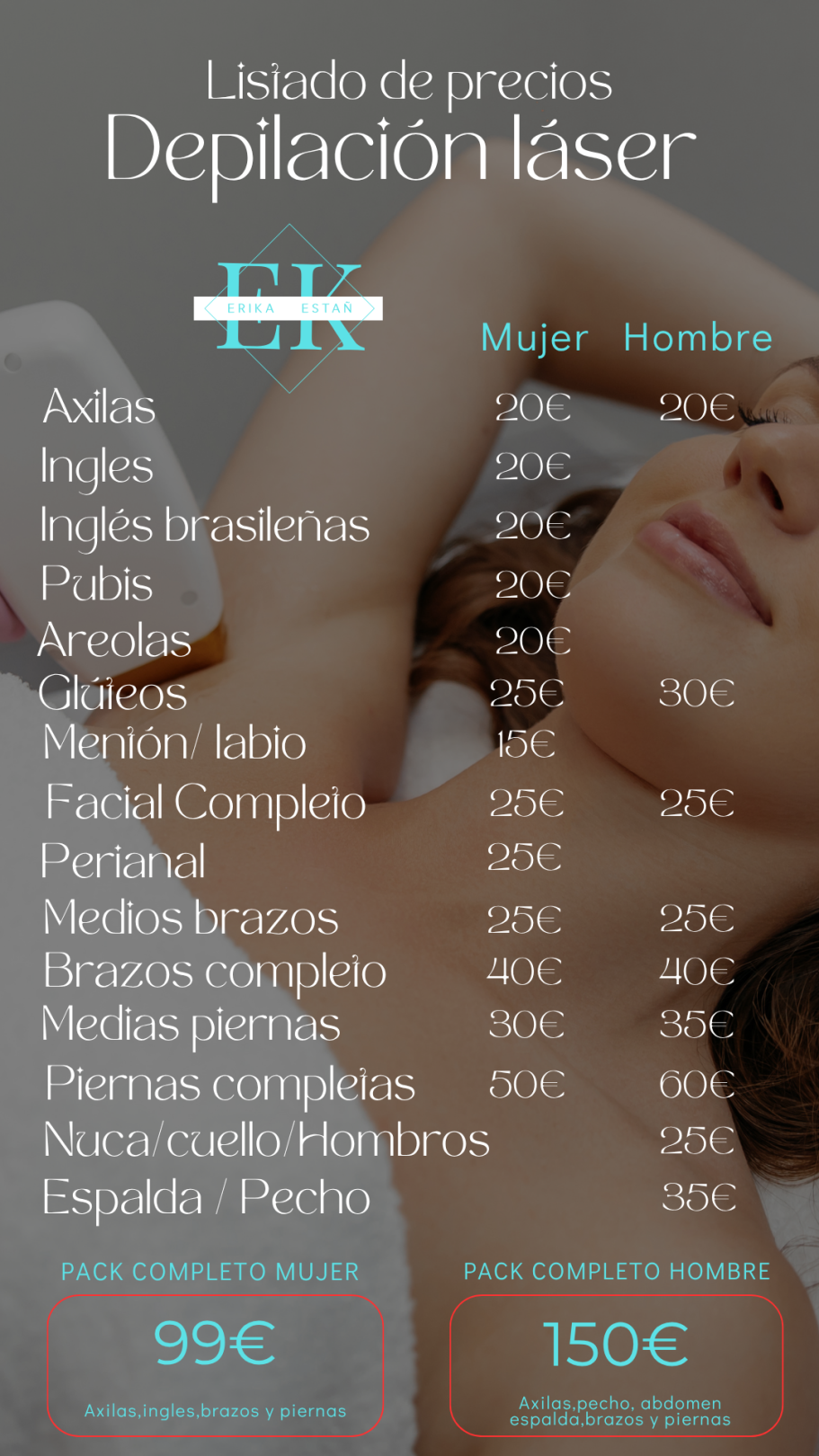 Lista de precios para depilación láser, con tarifas para hombres y mujeres.