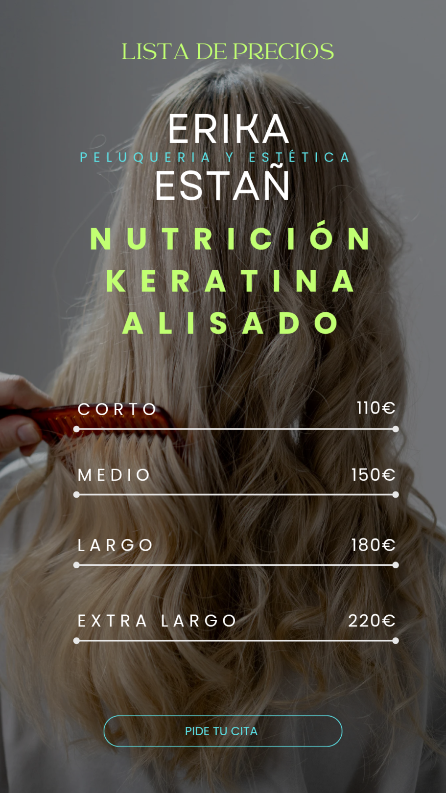 Mujer con cabello lacio, sosteniendo un peine, anuncio de servicios de nutrición capilar.